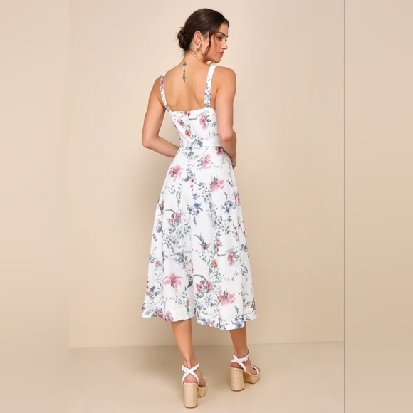 Lulus Sunny Posture Ivory Floral Sleeveless Midi Dress S Wedding Party Vacation - Picture 5 of 10